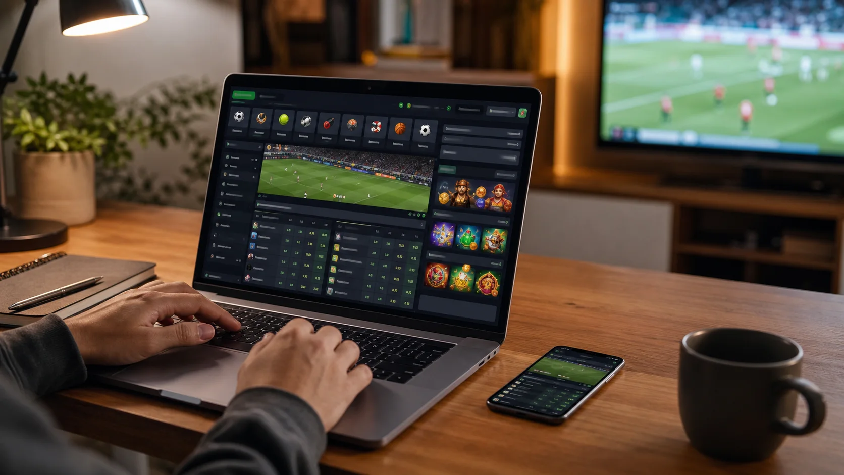Plataforma pokerstars em notebook e celular com apostas esportivas e cassino online